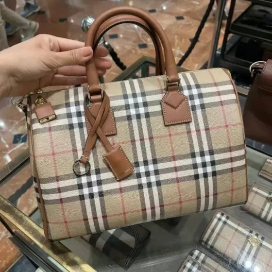 Burberry Check Medium Bowling Bag Beige Briar Brown Top Handle