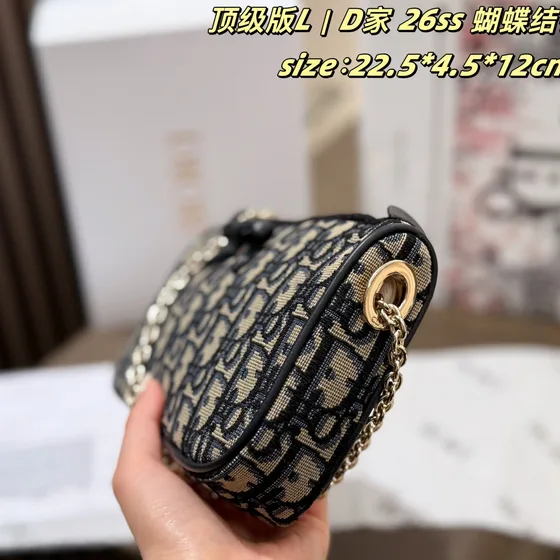 Dior 26Ss Bow Chain Bag Oblique Beige Negro 22.5*4.5*12cm Crossbody