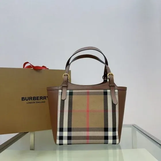 Burberry Check Leather Trim Tote Brown House Check Tote Bag