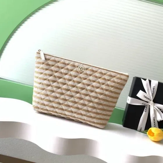 Chanel Classic Quilted Striped Zip Pouch Beige White Clutch