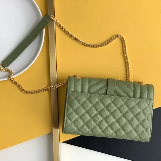 YSL Cassandre Matelass Envelope Chain Wallet Light Avocado Green Woc