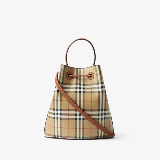 Burberry Check Drawstring Bucket Bag Beige Briar Brown 16 x 26 x 26cm Shoulder Bag
