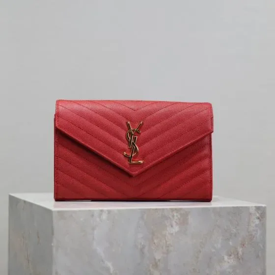 YSL Cassandre Matelass Envelope Chain Wallet Red Woc
