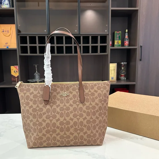 Coach Zip Top Tote In Signature Leinwand Khaki Saddle Shoppertasche