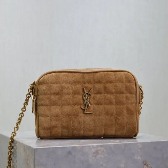YSL Cassandre Matelass Carr Suede Mini Camera Bag Camel Brown Crossbody