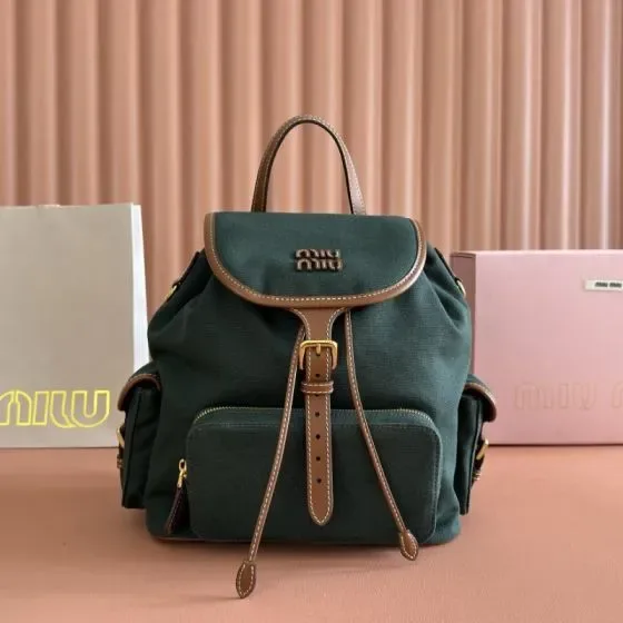 Miu Miu Canvas And Leather Backpack Dark Green With Brown Leather Trim Backpack