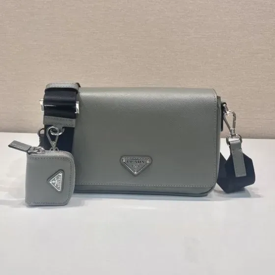 Prada Saffiano Leather Shoulder Bag With Detachable Pouch Gray Crossbody