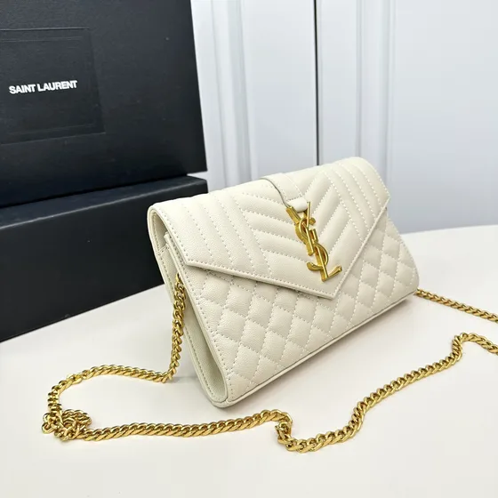 YSL Envelope Quilted Chain Portefeuille Bag Blanc Woc