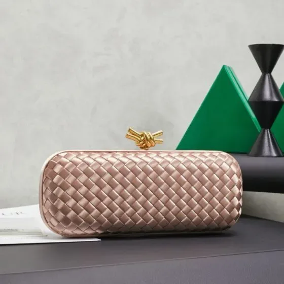 Bottega Veneta Intreccio Satin Knot Clutch Rose Gold Clutch