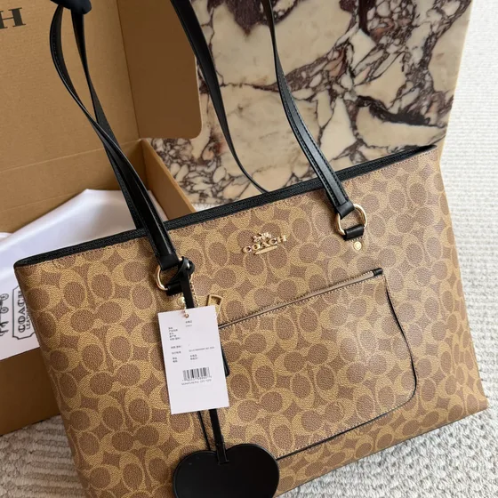 Coach Town Bolsa balde In Signature Lona Khaki/Marrom Bolsa de ombro