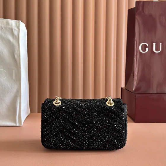 Gucci Gg Marmont Small Shoulder Bag With Crystal Hitam Shoulder Bag