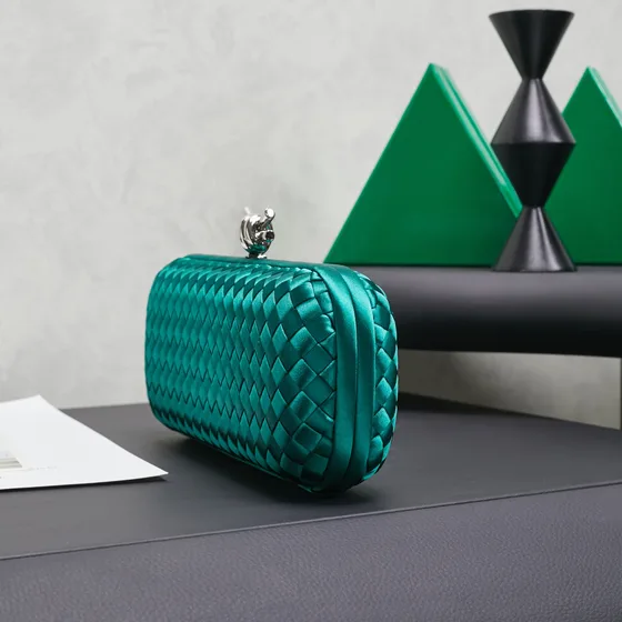 Bottega Veneta Intreccio Satin Knot Clutch Emerald Verde Clutch