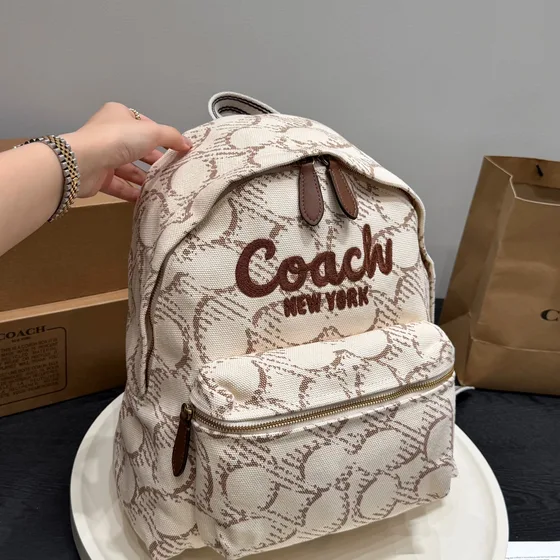 Coach Signature Canvas Backpack With Coach New York Script Beige Brown Backpack