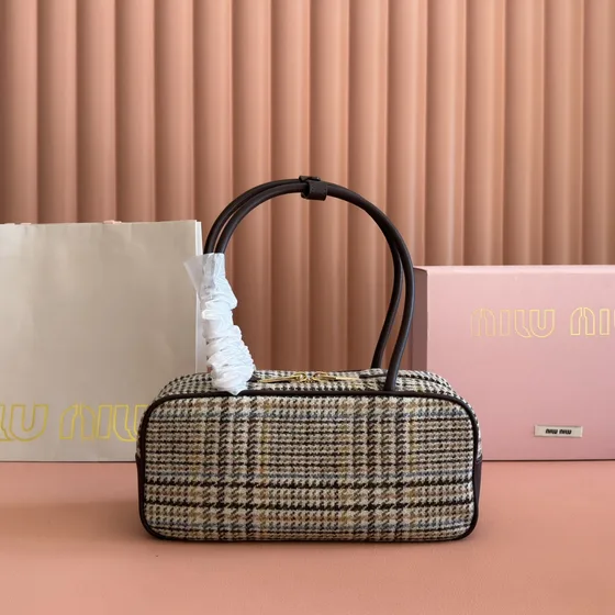 Miu Miu Beaute Houndstooth Top Handle Bag Khaki Check Top Handle