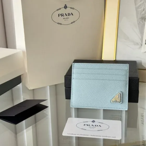 Prada Saffiano Leather Card Holder Light Blue Card Holder