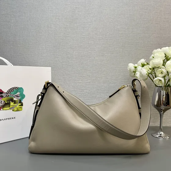 Prada Leather Shoulder Bag Beige Hobo