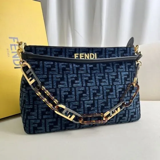 Fendi O Lock Zip Dark Blue Shoulder Bag