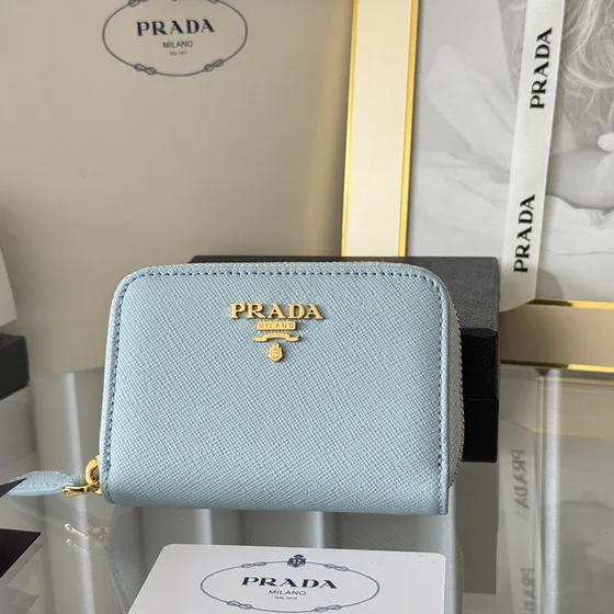 Prada Saffiano Metal Zip Coin Purse Light Azul Coin Purse