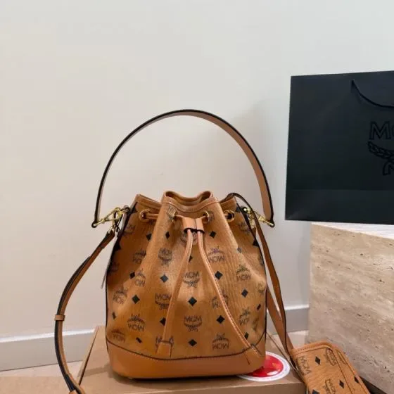 MCM Aren Drawstring Bucket Bag Cognac Crossbody