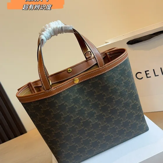 Celine Cabas Triomphe Tan Brown Triomphe Canvas With Brown Lea Tote Bag
