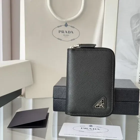 Prada Saffiano Leather Zip Card Holder Black Card Holder