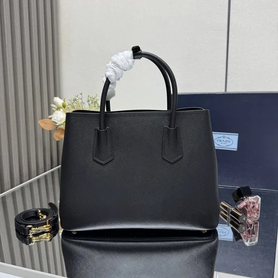 Prada Saffiano Cuir Double Bag Black Top Handle