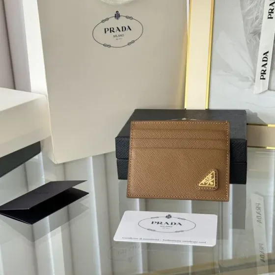 Prada Saffiano Leather Card Holder Camel Brown Card Holder