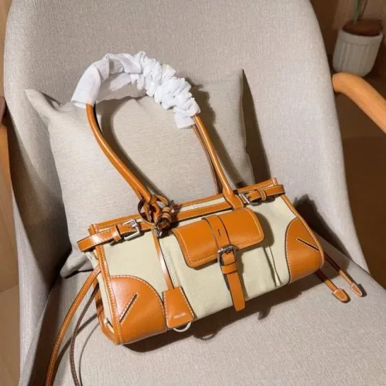 Prada Canvas And Leather Buckle Top Handle Bag With Shoulder Strap Beige Tan Top Handle