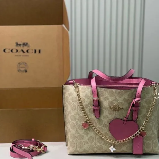 Coach Mollie Tote 25 In Signature Canvas With Strap And Charms Khaki Petunia Tote Bag
