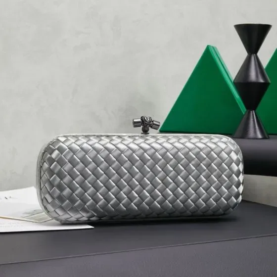 Bottega Veneta Intrecciato Knot Clutch Silver Clutch
