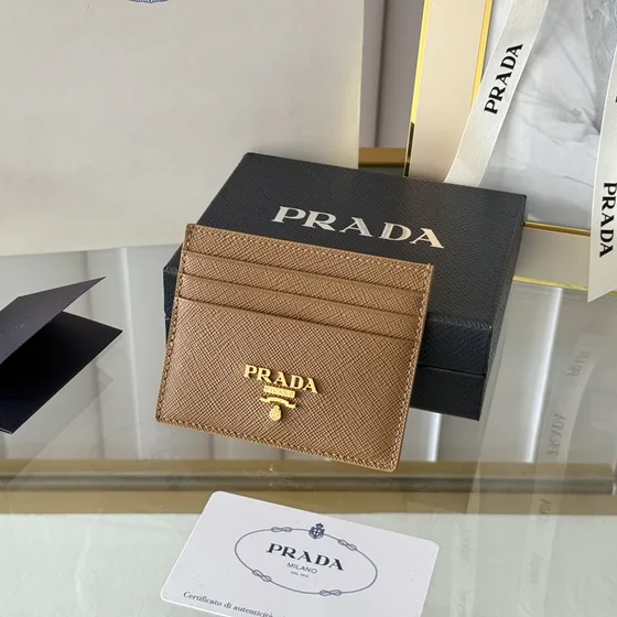 Prada Saffiano Leather Card Holder Beige Brown Card Holder