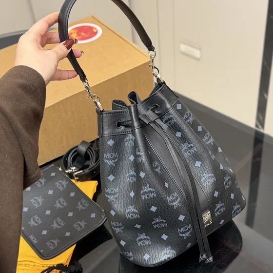 MCM Aren Visetos Drawstring Bucket Bag Black Crossbody
