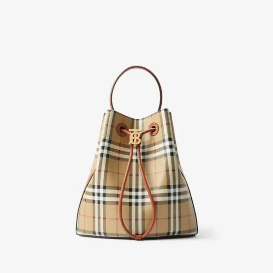 Burberry Check Drawstring Bucket Bag Beige Briar Brown 16 x 26 x 26cm Shoulder Bag