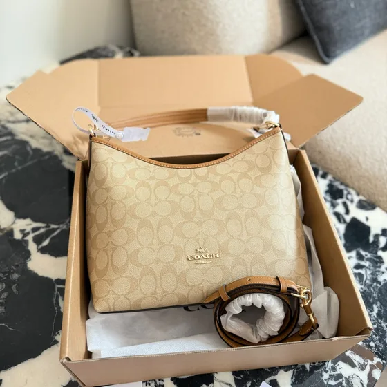 Coach Zip Top Shoulder Bag In Signature Canvas Beige Brown Shoulder Bag