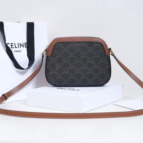 Celine Triomphe Small Camera Bag Tan With Brown Triomphe Canvas Crossbody Bag