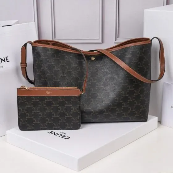 Celine Medium Triomphe Canvas Hobo Bag Black With Tan Trim Hobo