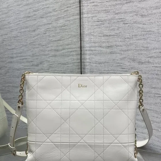 Dior Caro Macrocannage Pouch With Chain White Shoulder Bag