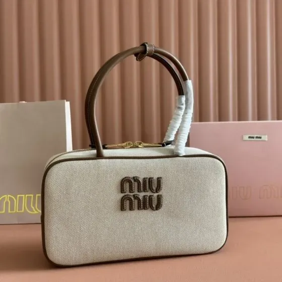 Miu Miu Canvas Top Handle Bag Beige Brown Top Handle