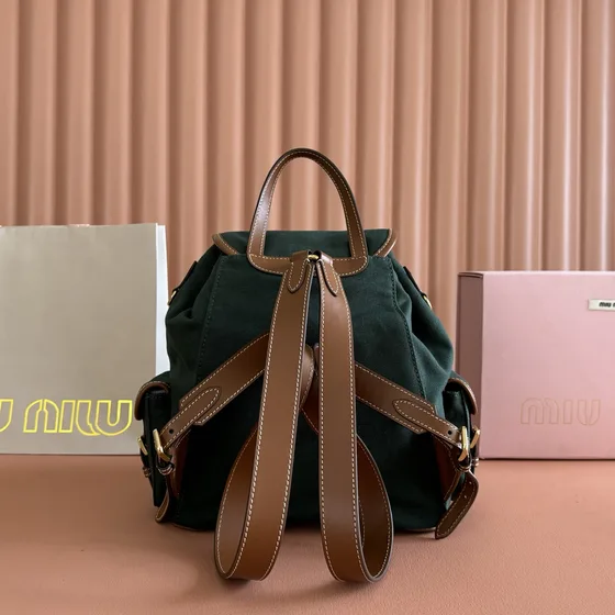 Miu Miu Canvas And Leather Backpack Dark Green With Brown Leather Trim Backpack
