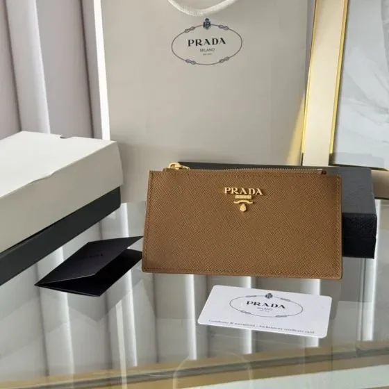 Prada Saffiano Leather Zip Card Holder Caramel Brown Card Holder