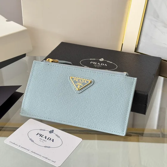 Prada Saffiano Kulit Card Holder With Zipper Light Biru Card Holder