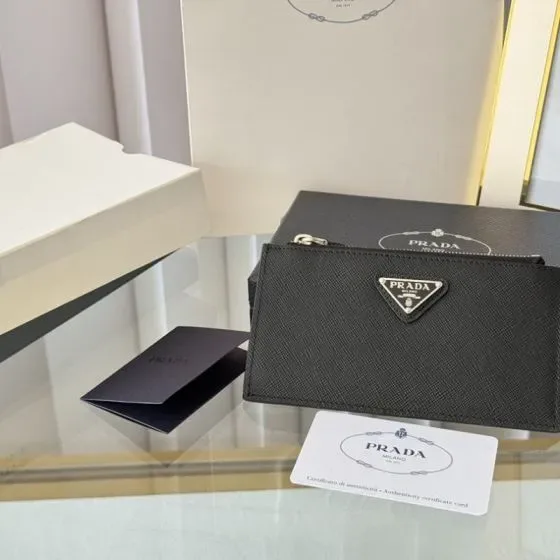 Prada Saffiano Leather Zip Card Holder Black Card Holder