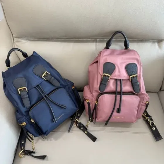 Burberry The Medium Rucksack In Technical Nylon And Leather Navy Blue Dusty Pink Backpack
