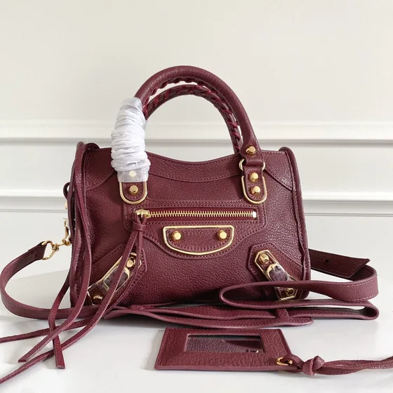 Balenciaga Metallic Edge City Mini Bag Merah marun Top Handle