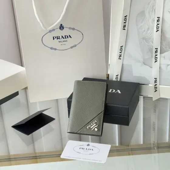 Prada Saffiano Leather Card Holder Gray Card Holder