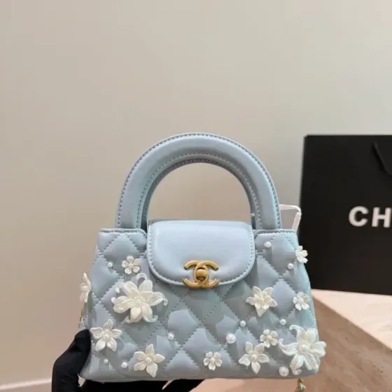 Chanel Nano Kelly Custom Floral Embellished Version Light Blue Top Handle
