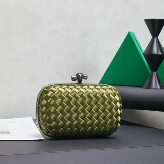 Bottega Veneta Intreccio Satin Knot Clutch Olive Green Clutch