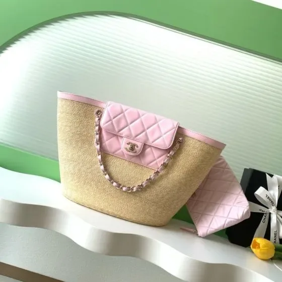 Chanel Cambon Tote Bag Raffia Quilted Trim Beige Pink Tote Bag