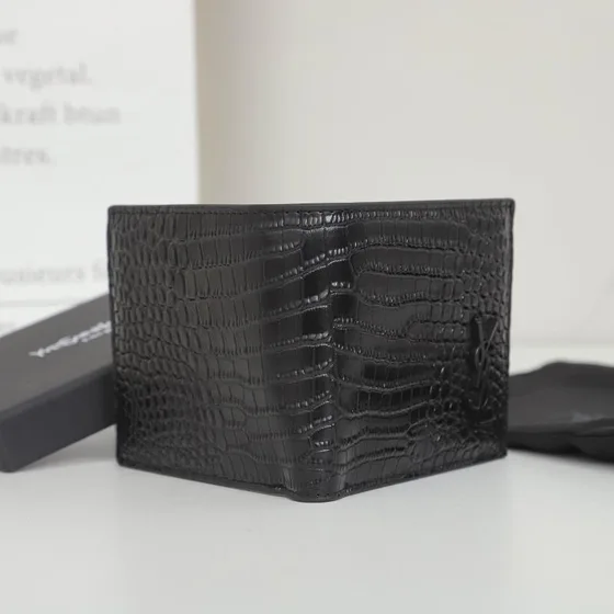 YSL Monogram East West Wallet In Crocodile-Embossed Leather Black Wallet