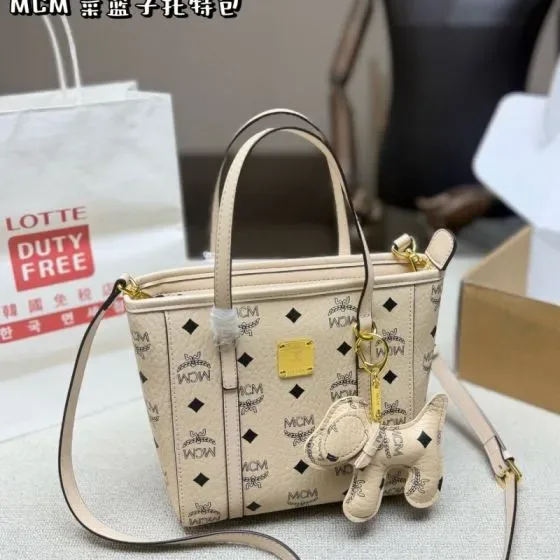 MCM Aren Visetos Mini Shopper Tote Beige Tote Bag